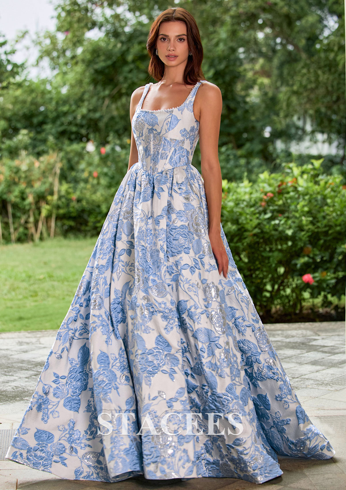 maxi corset prom dress Stacees 2026 Rose Floral Brocade Pearls Square Neckline Corset Ball Gown Prom Dress