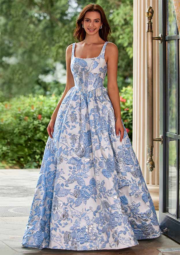 Floral Brocade Pearls Square Neckline Corset Ball Gown Prom Dress