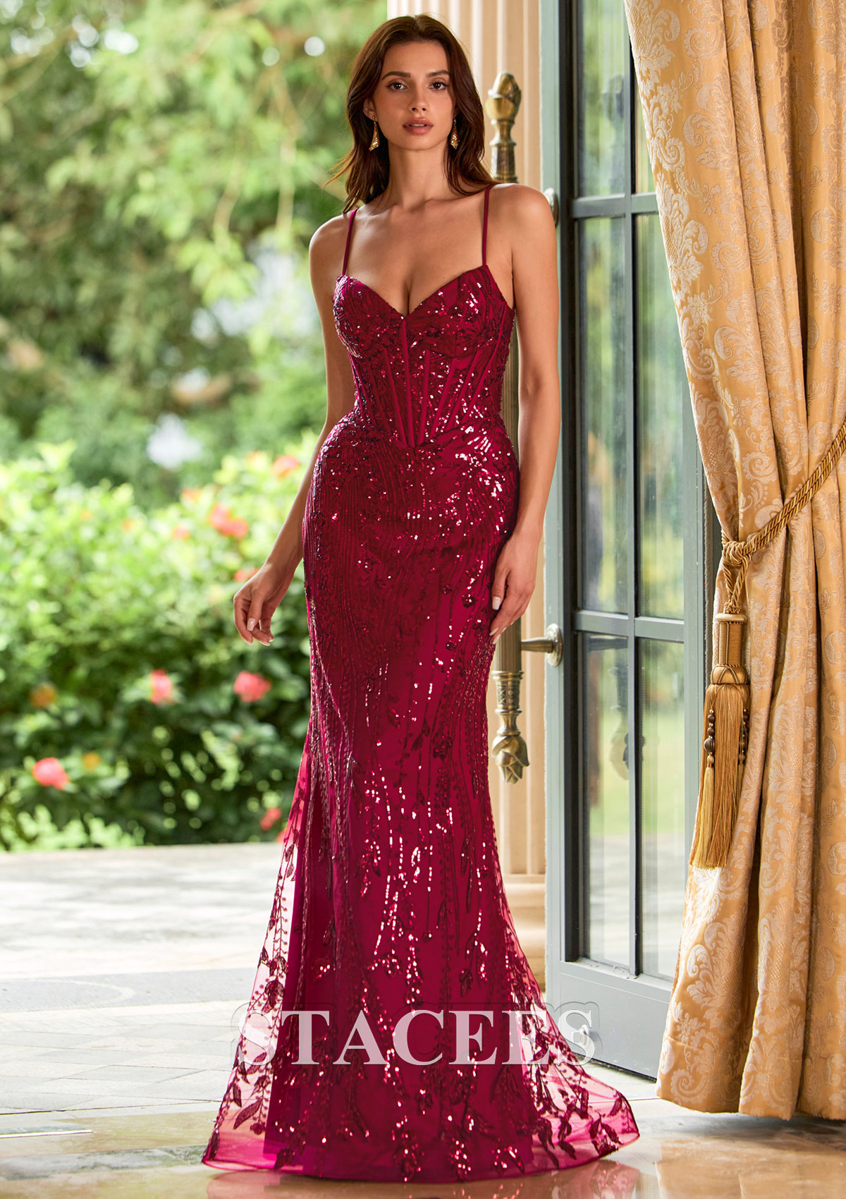 Bordeaux Trumpette/Sirène col en v paillettes longueur ras du sol robe de bal - STACEES