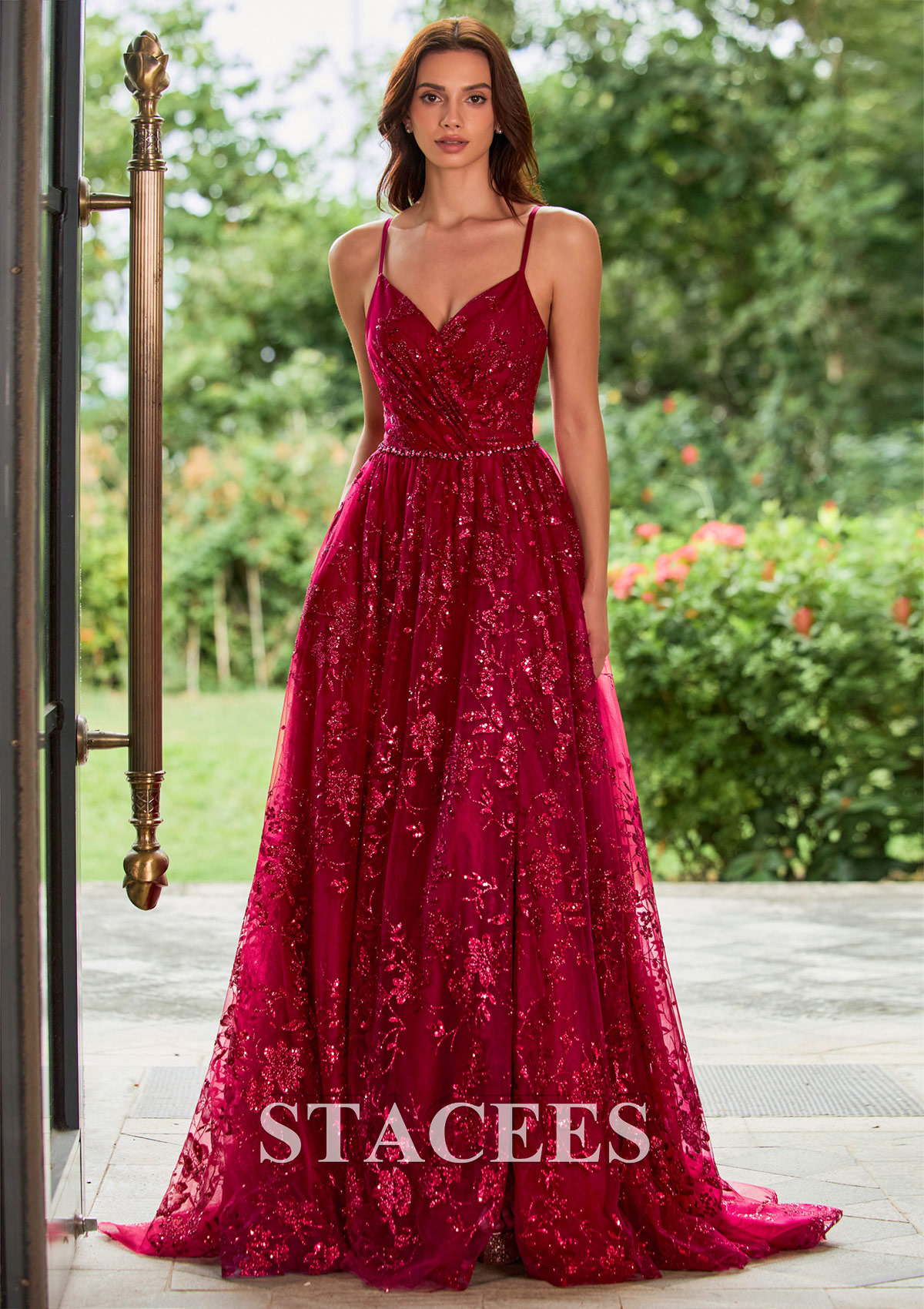 Burgundy Floral Sequin Glitter A-line Slit Prom Dress with Beaded Waistband - STACEES