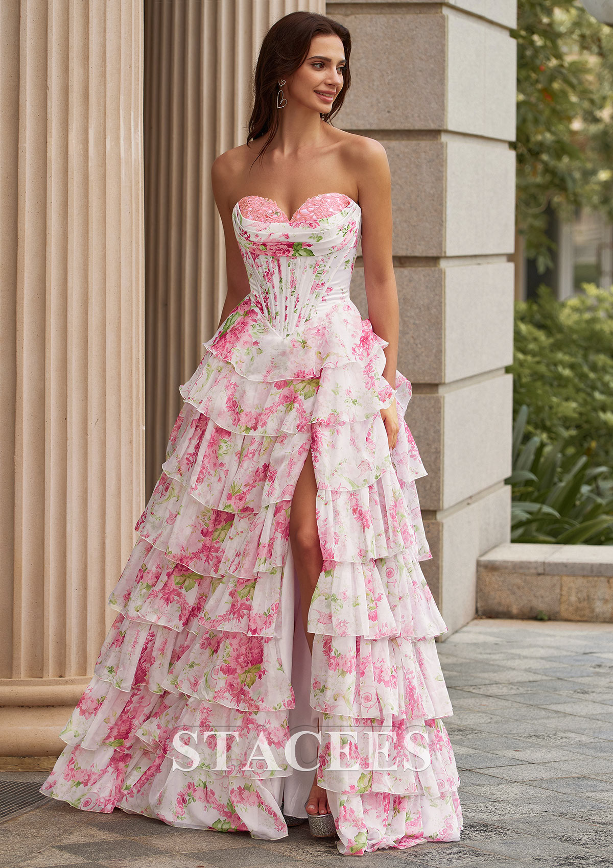 colorful a line dress Stacees 2026 Floral Print Strapless Ruched Corset Ruffle Prom Dress with Slit