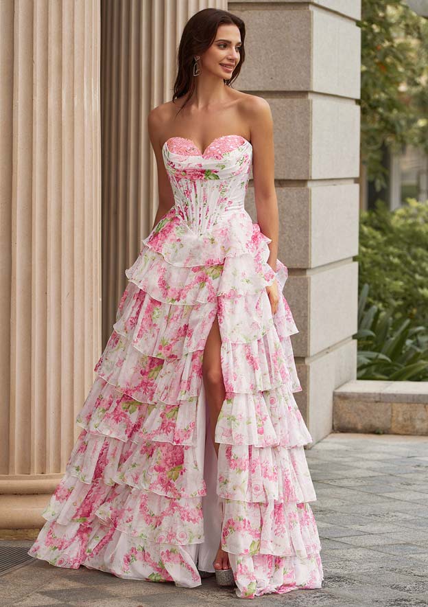 a-line strapless corset tulle floor-length prom dress with leaf lace Floral Print Tiered Ruffle Back and High Slit Color:Blue Vista Windsor ball or any formal Vintage to Modern: The