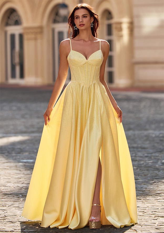 A-line Corset Hot Fix Satin Prom Dress with Pockets and High Slit S9071P - Prom Dresses