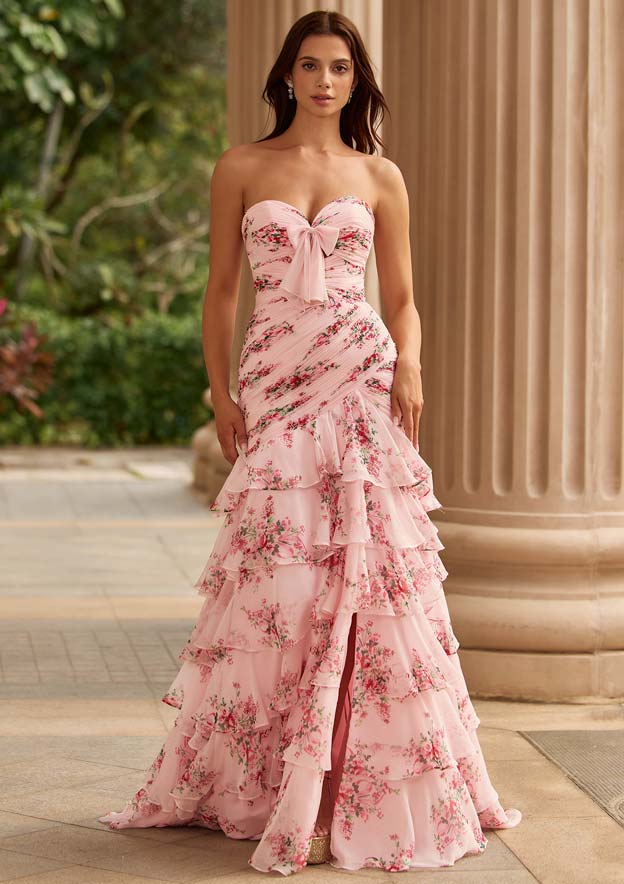 chiffon ruffle dress Stacees 2026 Strapless Pink Floral Print Ruffle Prom Dress with Bow