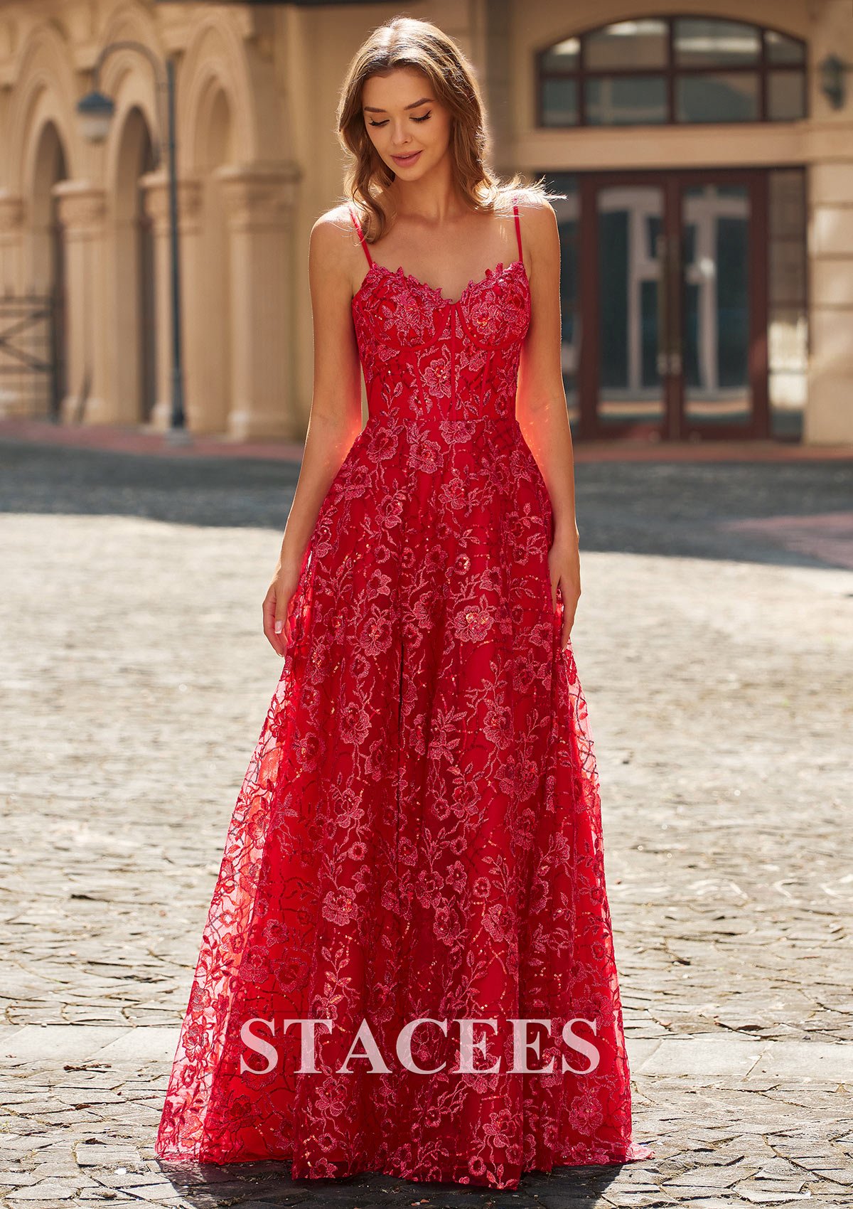 Red Glittering Floral Embroidery A-Line Prom Dress with Spaghetti Straps - STACEES