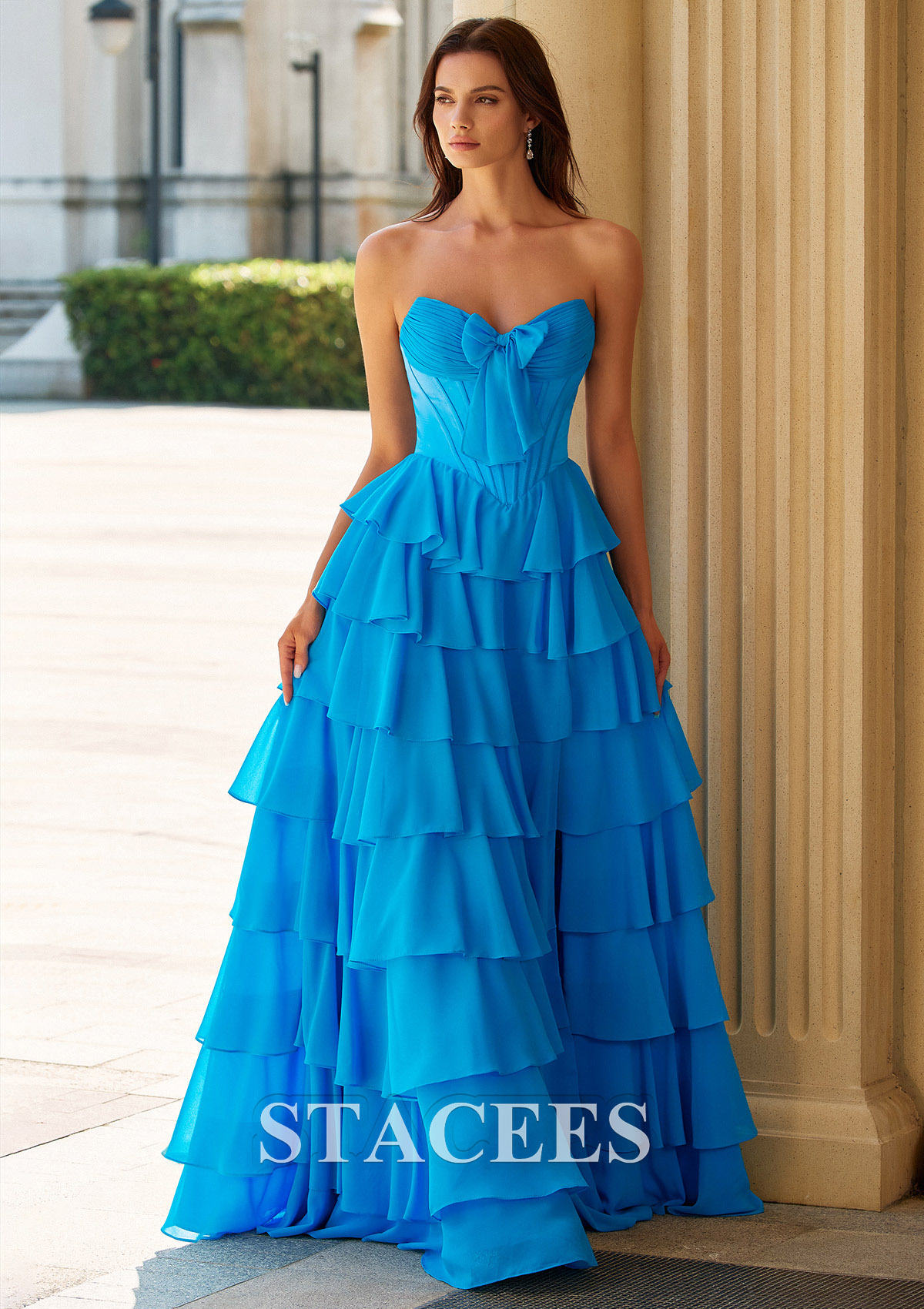 Azul Vestido línea a cuello de corazón satén hasta el suelo vestido de graduación - STACEES