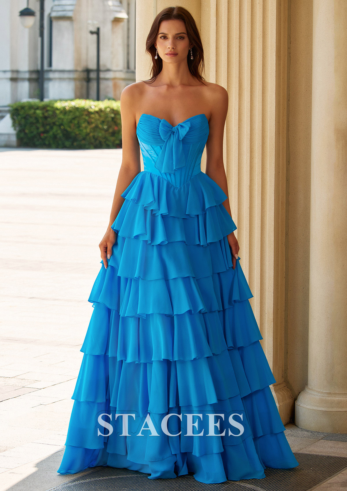 Azul Vestido línea a cuello de corazón satén hasta el suelo vestido de graduación - STACEES
