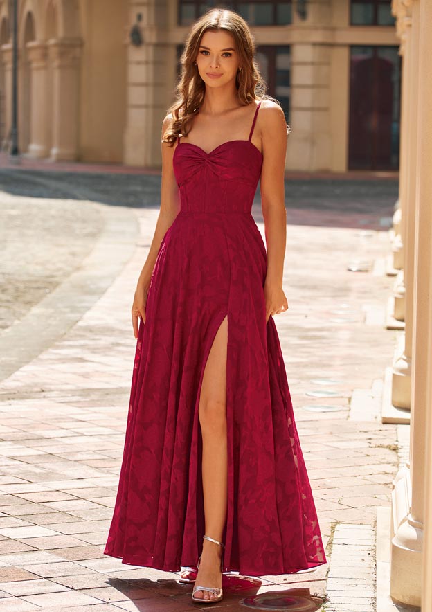 A-line Spaghetti Strap Jacquard Prom Dress with Ruched Bodice Slit