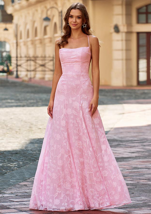 Elegant Floral Jacquard A-Line Maxi Prom Dress with Lace-Up Crisscross Back