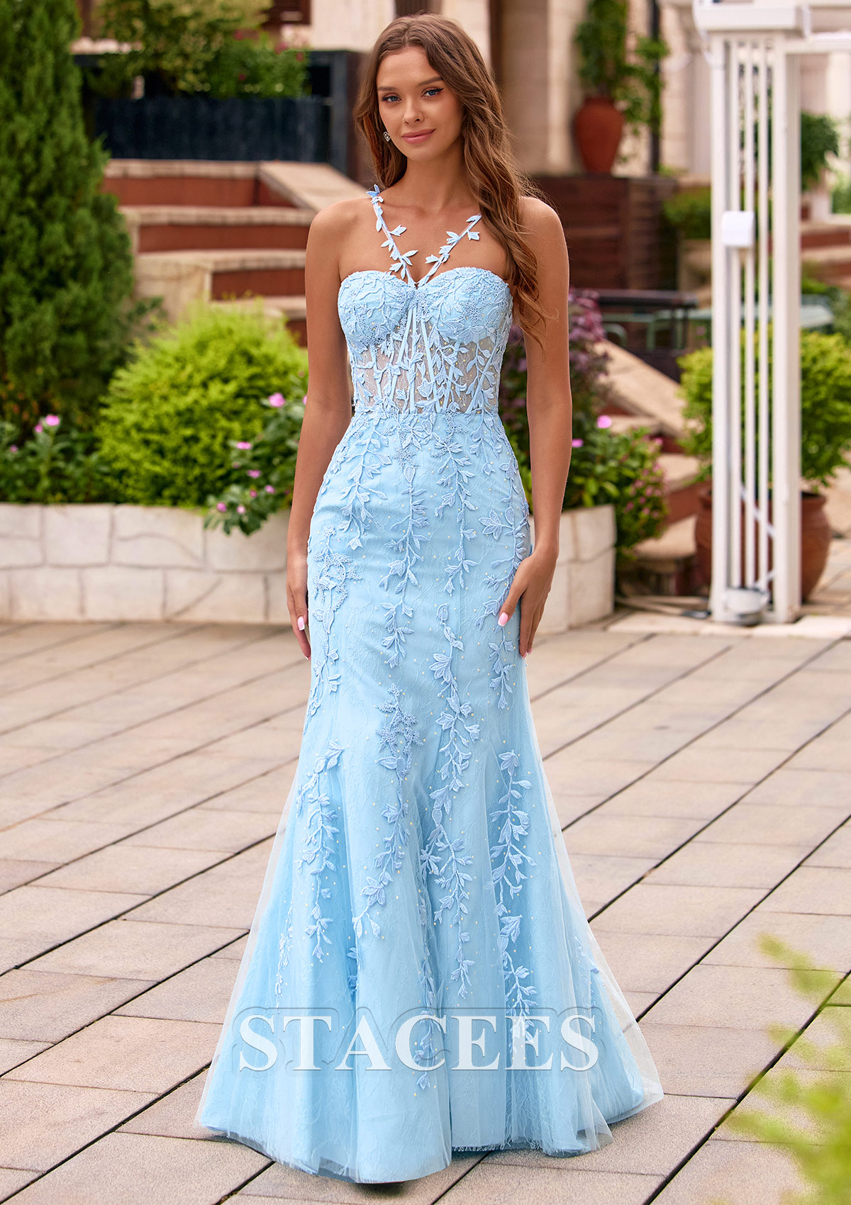 kamris prom dress Long Satin Prom Dress with Lace-Up Sheer Corset Light Blue / Medium