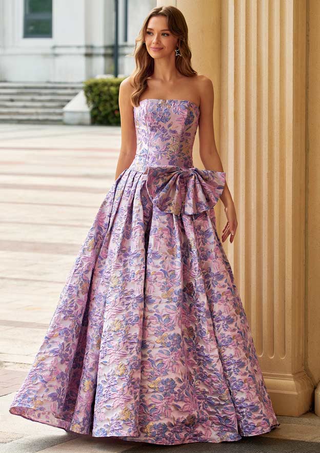 strapless floral formal dress Stacees 2026 Strapless Metallic Floral Brocade Ball Gown Prom Dress with Bow