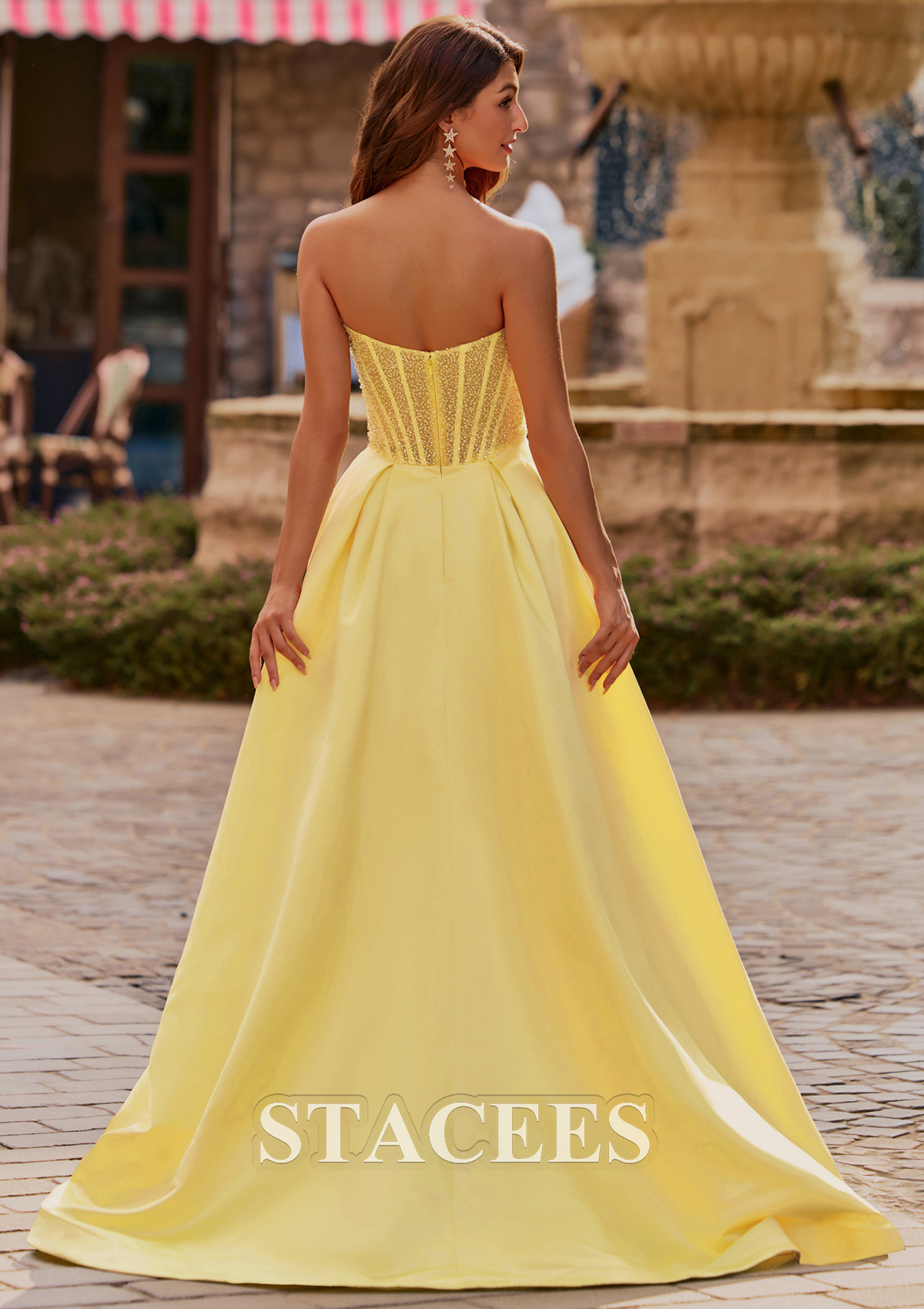 Daffodil Ball Gown Floral Strapless Beads Sheer Corset Prom Dress with Bowknot - STACEES