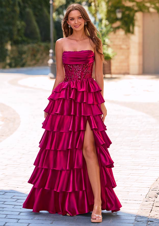 A-line Scoop Neck Silk like Satin Floor-Length Prom Dress with