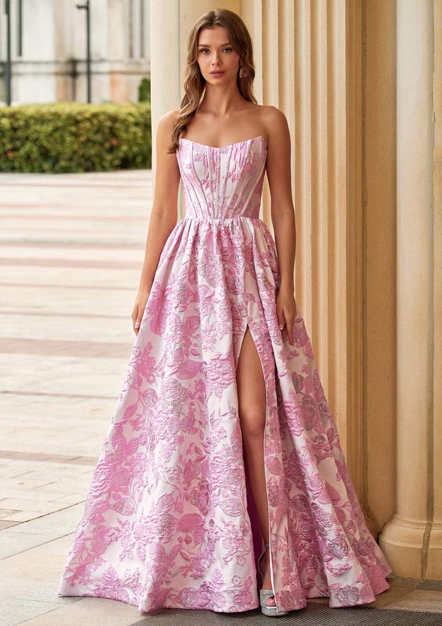 A-line Strapless Metallic Floral Jacquard Ball Gown Prom Dress with Slit