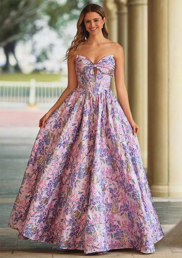 A-line Strapless Floral Brocade Prom Dress with Bow Sweetheart