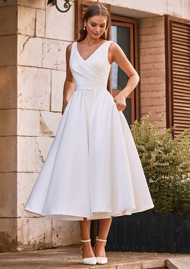 satin a line v neck wedding dress A-Line Off-Shoulder V-Neck Satin Wedding Dress Bridal Gowns With Train QW8057 US4 / Custom Color
