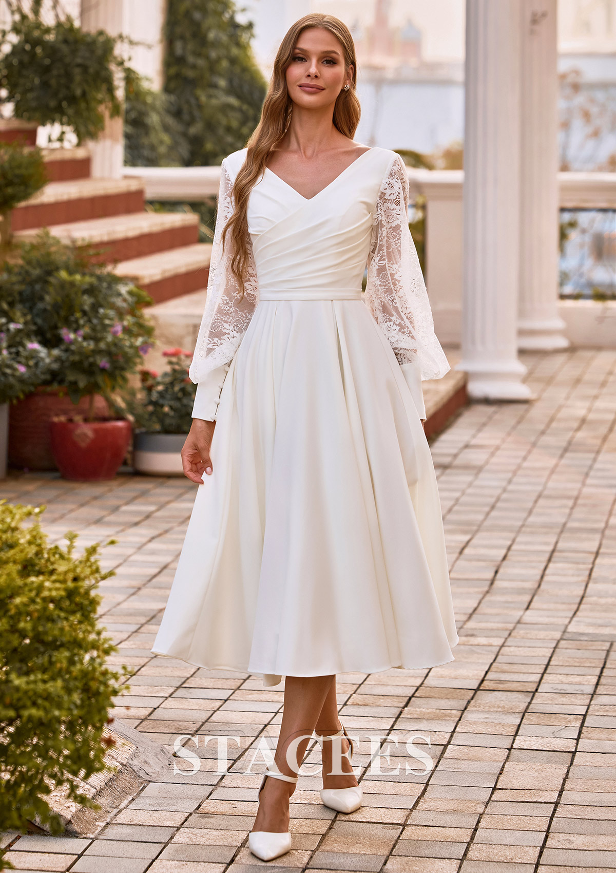 dresses for weddings long LaDivine 7469W Simple A Line Slit Wedding Dress Wide Waistband Long Sleeve Beaded Wedding Dresses