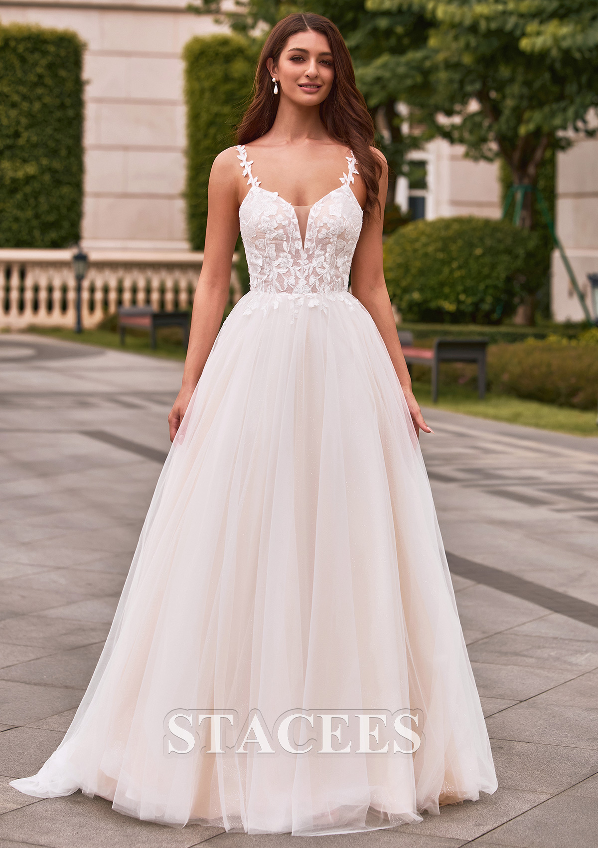 Ivory/Champagne Romantic A-line Plungimg V Neck Court Train Wedding Dress with Glitter - STACEES