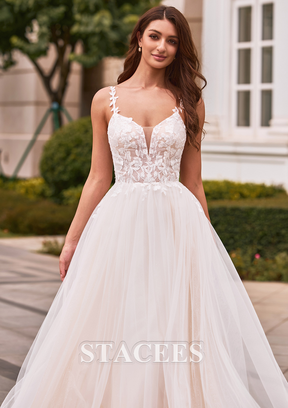 Ivory/Champagne Romantic A-line Plungimg V Neck Court Train Wedding Dress with Glitter - STACEES