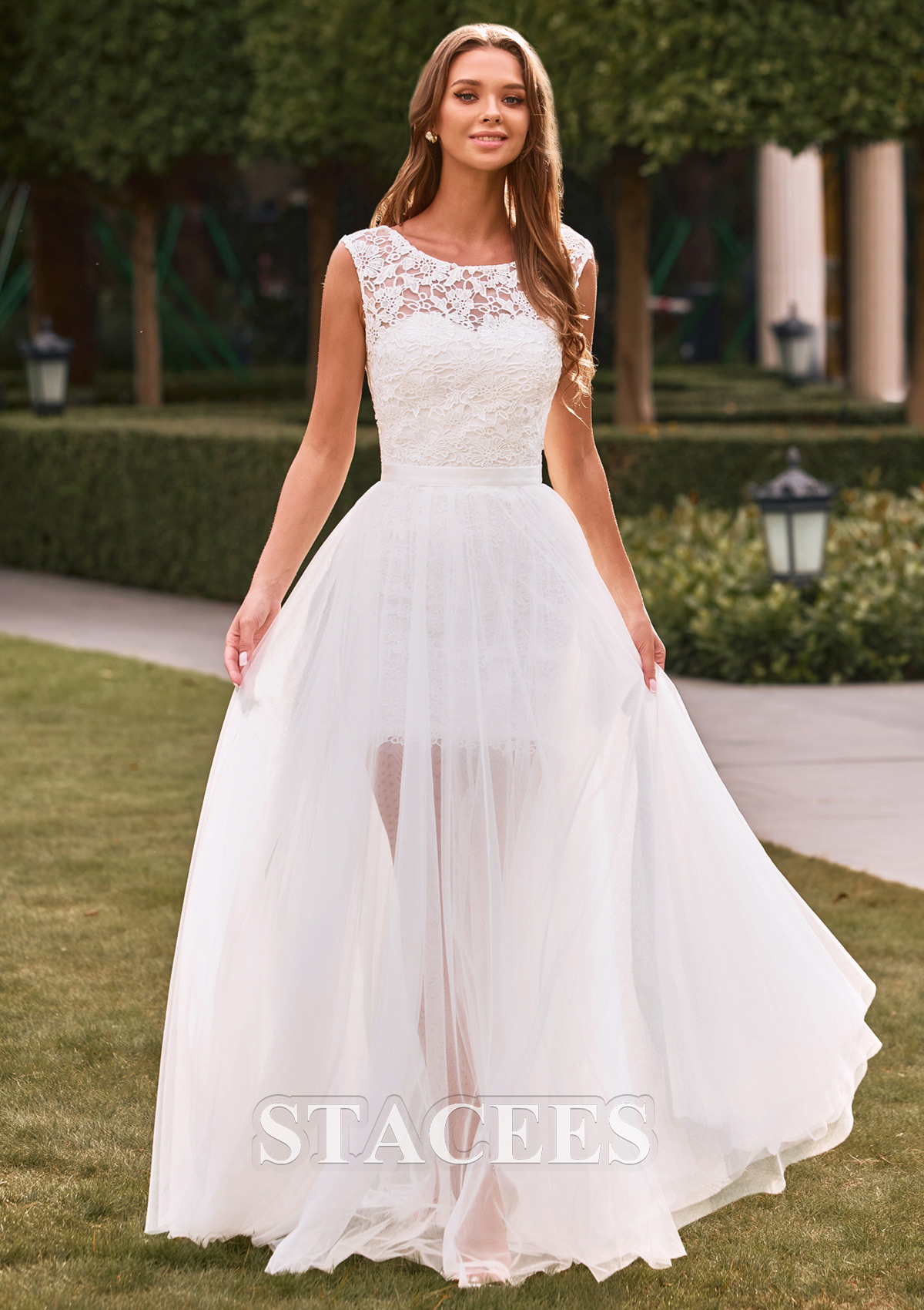 Ivory Elegant A-line Tulle Lace Floor Length Wedding Dress with Keyhole Back - STACEES