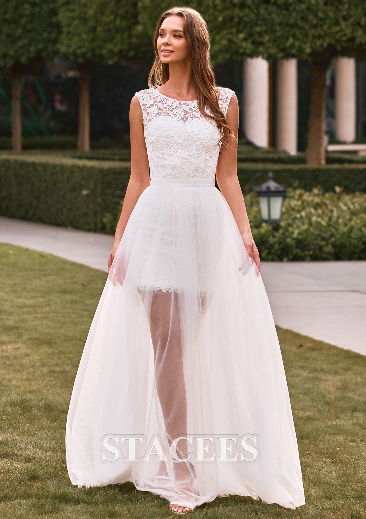 Ivory Elegant A-line Tulle Lace Floor Length Wedding Dress with Keyhole Back - STACEES