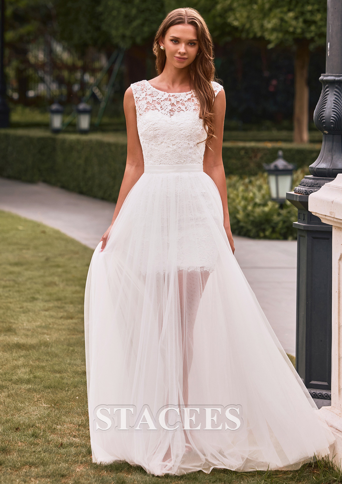 Ivory Elegant A-line Tulle Lace Floor Length Wedding Dress with Keyhole Back - STACEES