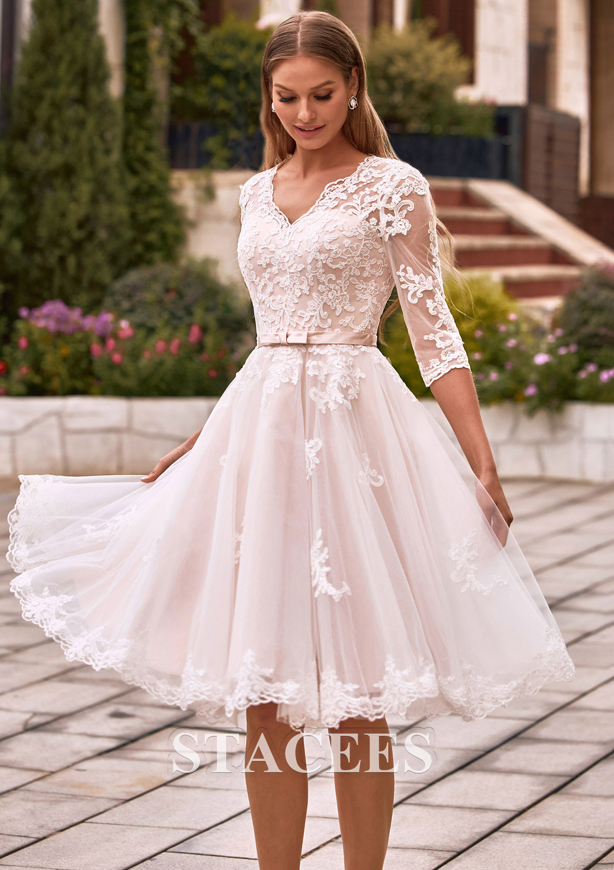 empire waist knee length wedding dress Stacees 2026 A-line V Neck Lace Knee-Length Wedding Dress with Pleated Sashes