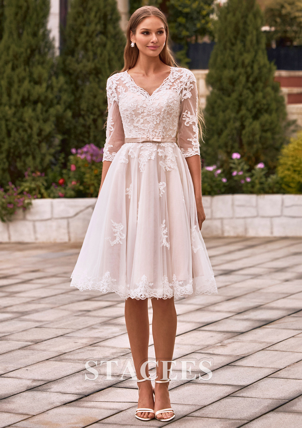 white lace dress knee length Kiyonna Bella Lace Dress