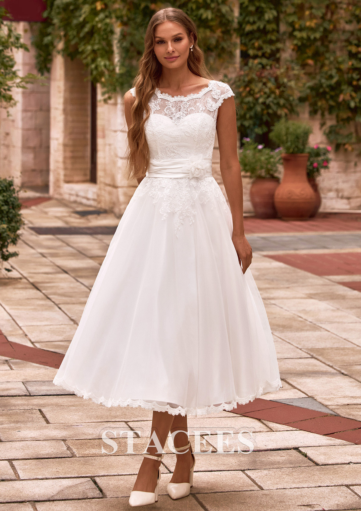 tea length wedding dress lace overlay Short lace wedding dress with butterflies and tulle overlay