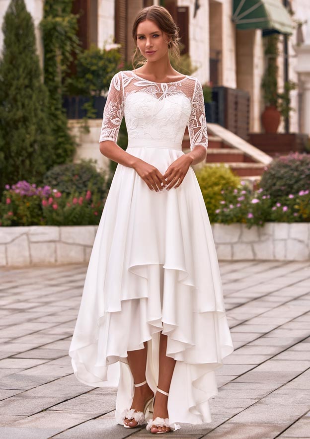high low a line dress Stacees 2026 A-line Bateau Half Sleeve Satin Asymmetrical Wedding Dress with Lace Ruffles