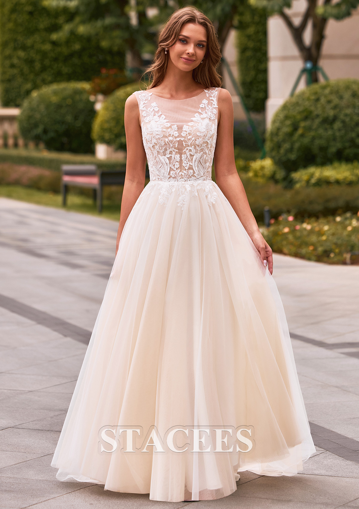 Ivory/Champagne Classic A-line Tulle Lace Illusion Corset Wedding Dress - STACEES