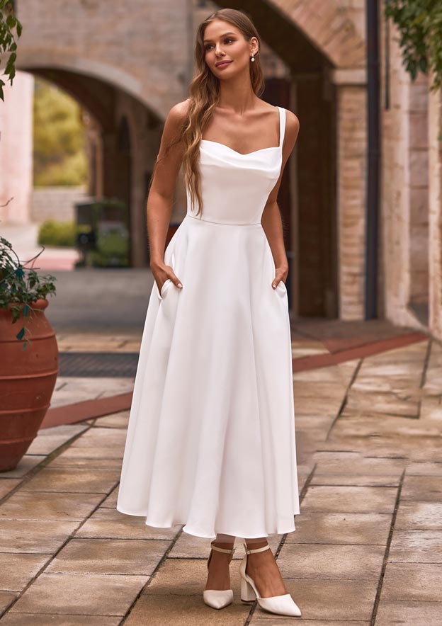 cowl neck tea-length satin a-line dress SIMPLE COWL NECK SATIN A-LINE GOWN