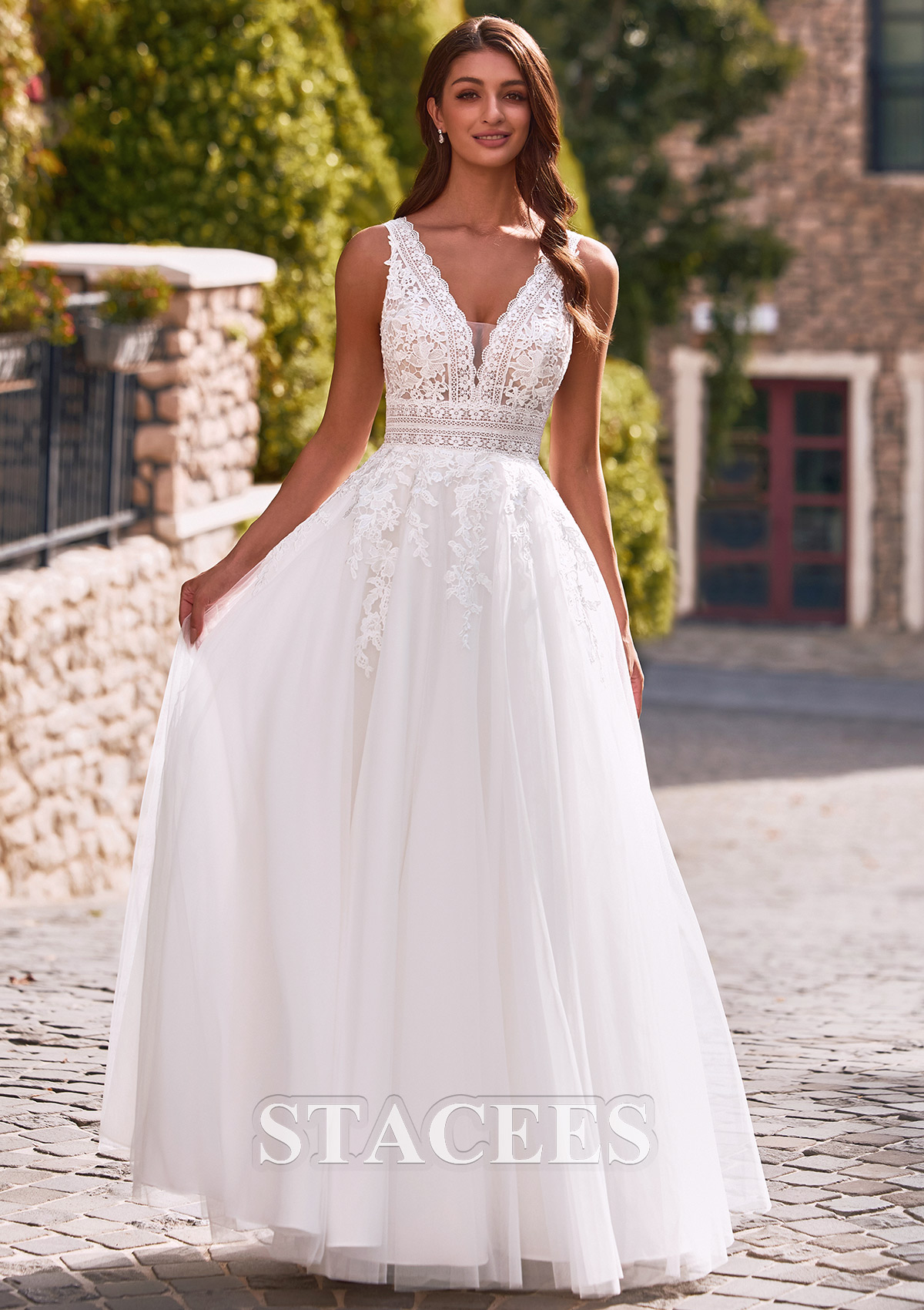Ivory Romantic A-line Plunging V Neck Wedding Dress with Lace Sheer Corset