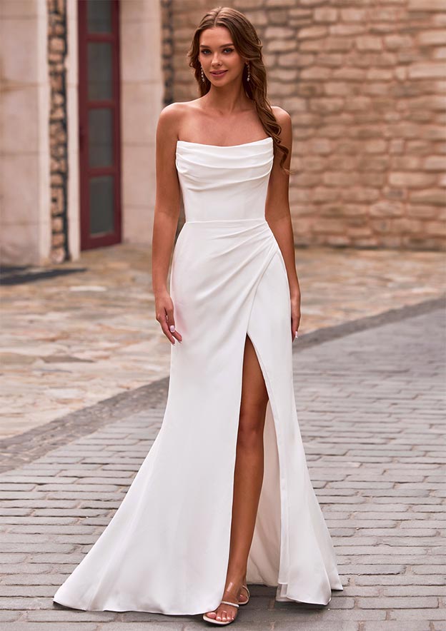 chic crepe satin column sheath wedding dress with sparkle embellishments D3823 CHIC CREPE SATIN COLUMN SHEATH WEDDING DRESS WITH SPARKLE EMBELLISHMENTS