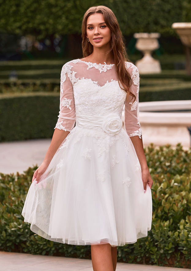 organza tea length wedding dress White Puffy Sleeve Organza Wedding Tea Length Dress Lisposa