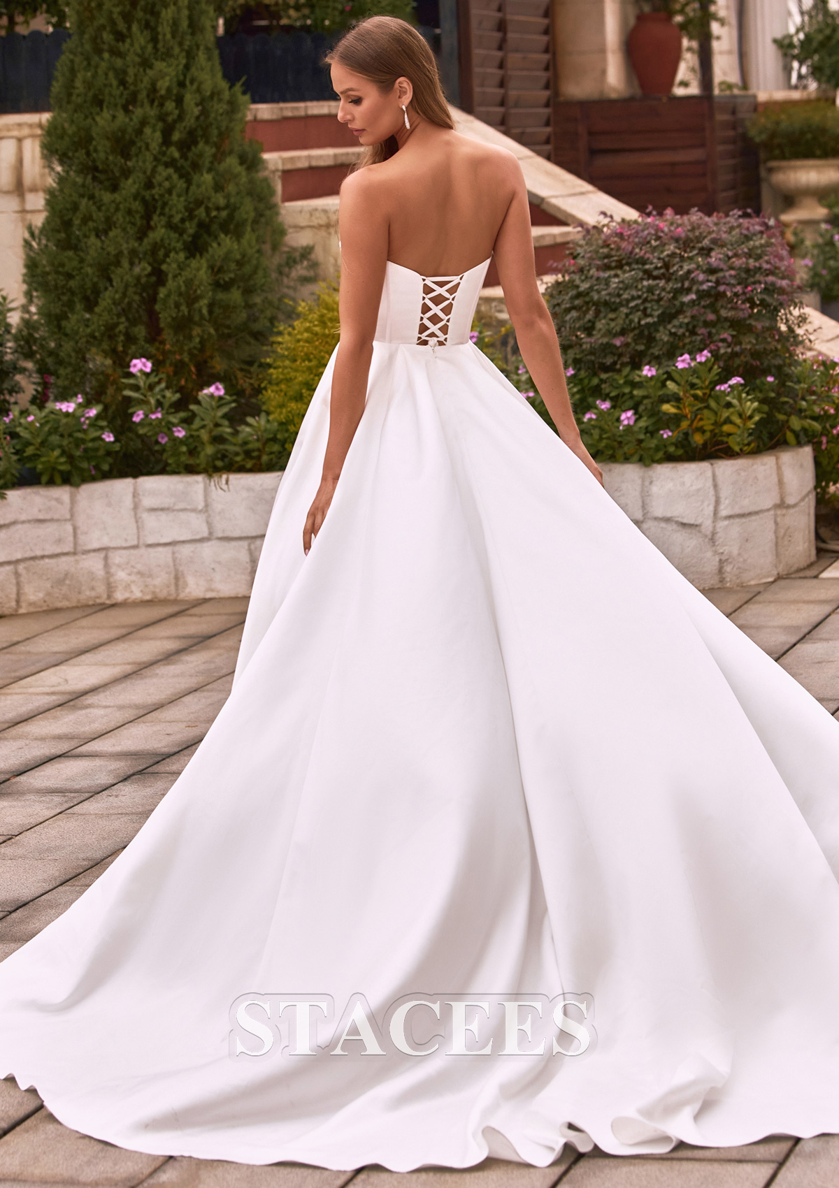 high waisted a line wedding dress Matte Satin line a wedding dress with Sheer Waist, Thigh High Slits, Ruched Court Train