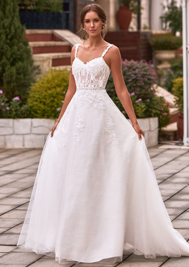 lanie floral appliqu & tulle a line wedding dress Andrea And Leo -WL045 Floral Applique A-Line Tulle Bridal Dress 16 / OFF White