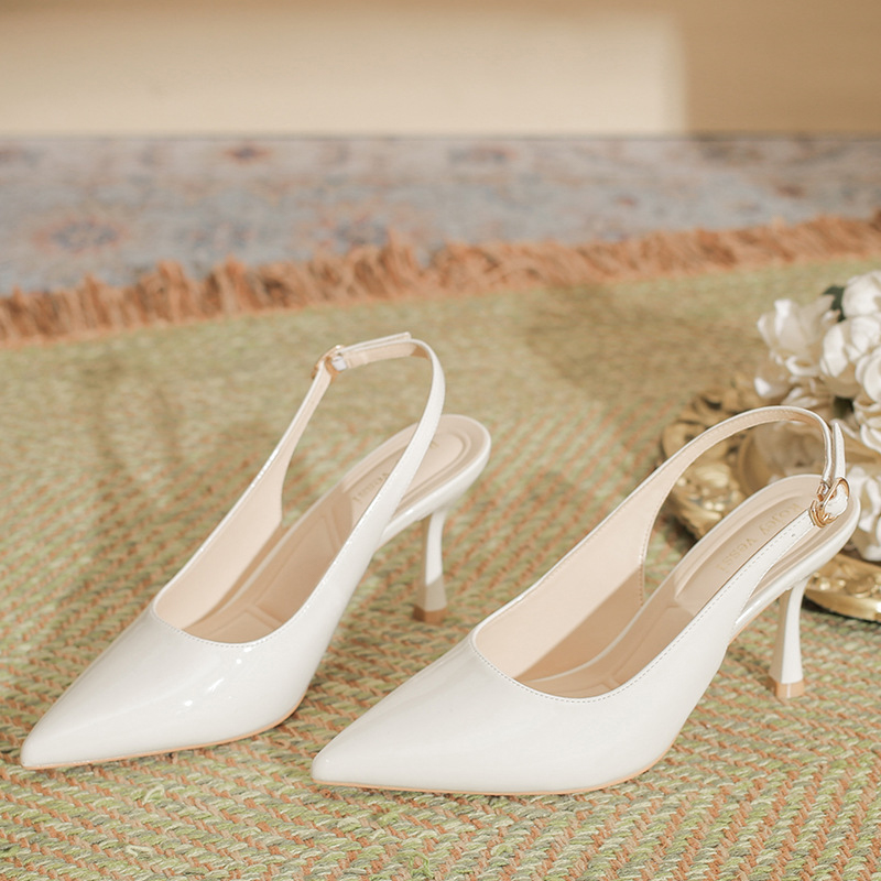 Beige Pointed Toe Heels Patent Leather with Ankle Strap Buckle Women's Wedding Shoes - STACEES