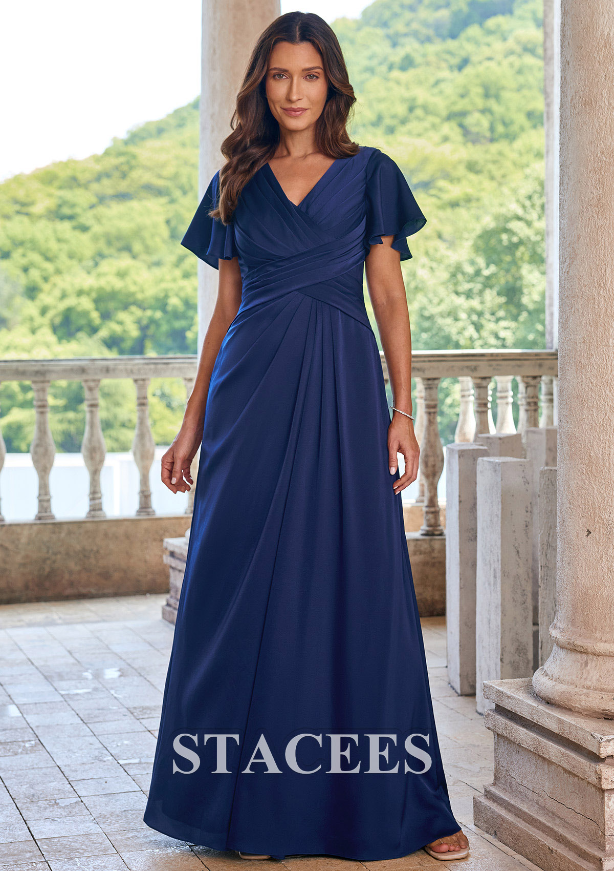 flutter sleeve a line dress A-line Short Flutter Sleeve Stretch Satin Floor-Length Mother of the Bride  Dress with Pleats S5050M - Mother of the Bride Dresses