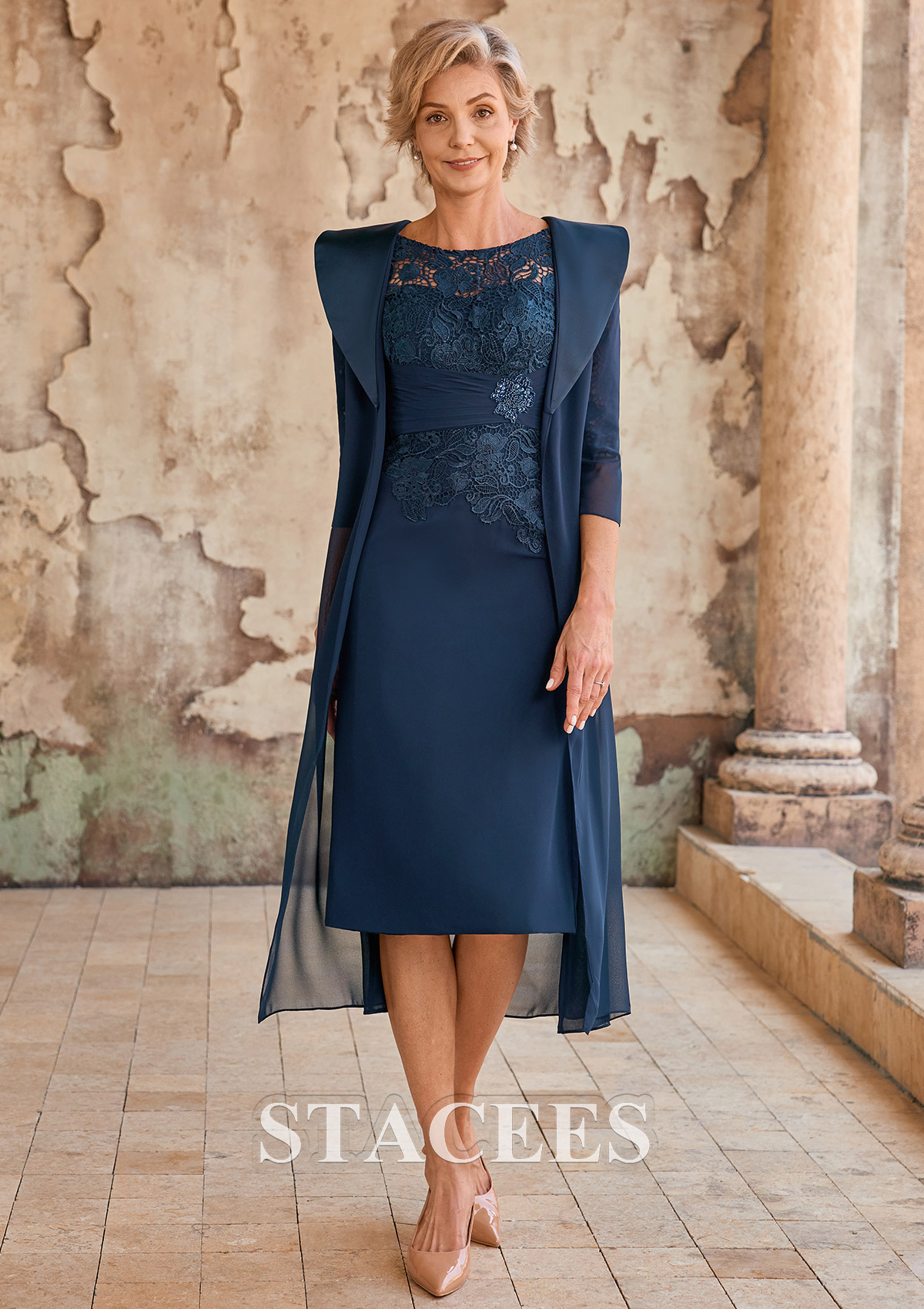 elegant knee length mother of the bride dresses Stacees Knee-Length Mother of the Bride or Groom Dress with Lace 3/4 Sleeves Jacket