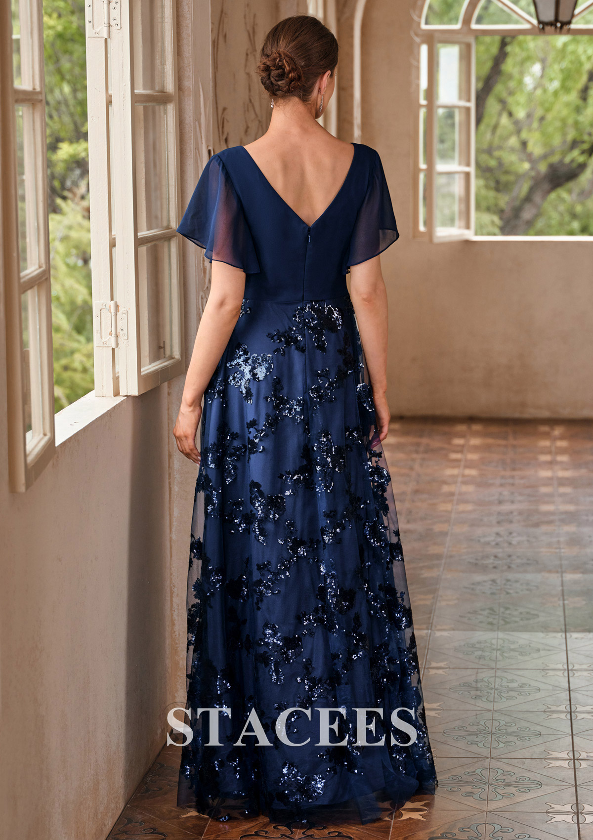 sequin bridesmaid dresses with sleeves Ever-Pretty Glamorous Double V Neck Sequin Ruffle Sleeve Maxi Formal Evening Dress