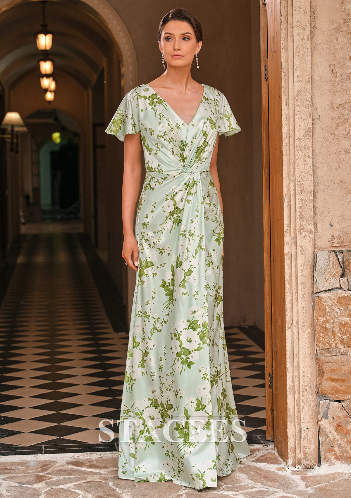 long floral mother of the bride dresses Stacees Print Tea-Length or Groom Dress with Bishop Sleeves exuding elegance and sophistication A-line Floral Print Stretch Satin