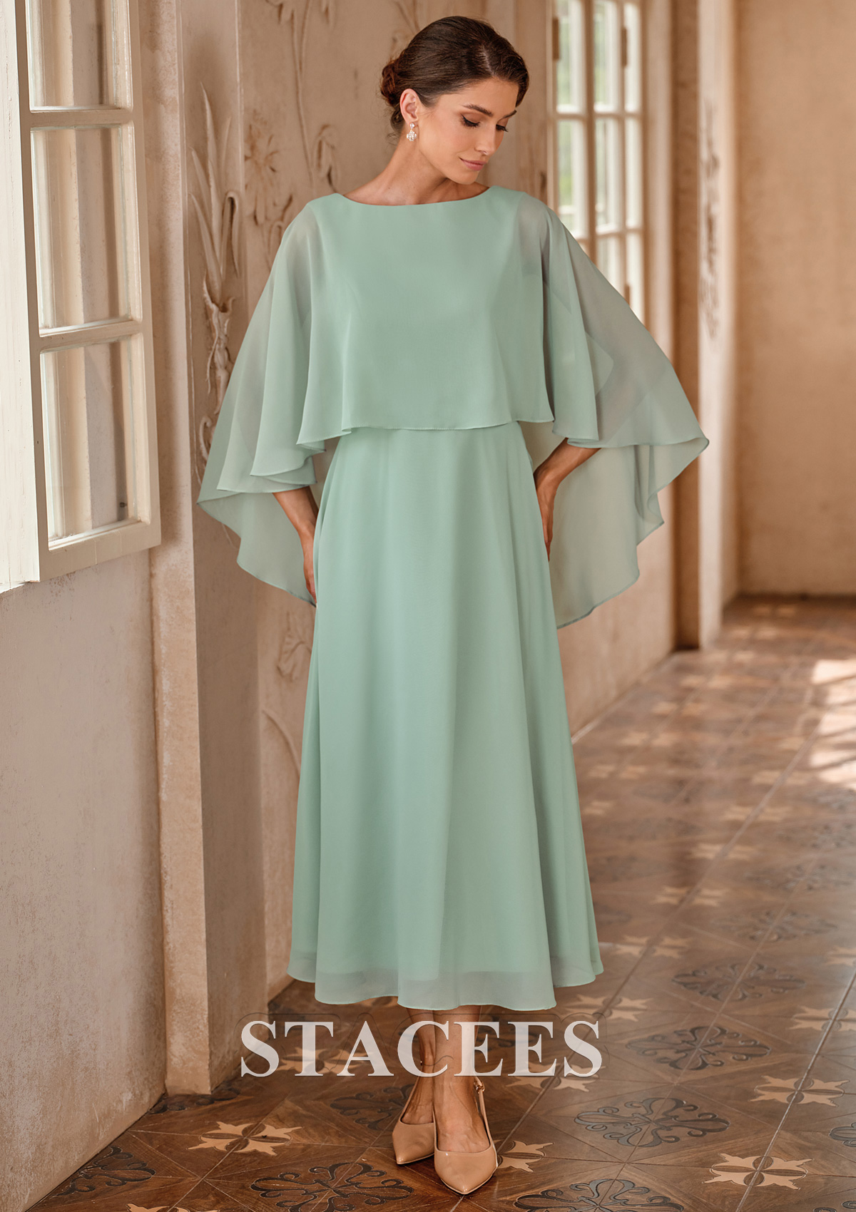 chiffon-overlay a-line dress A-line Tea-Length Chiffon Mother of the Bride Dress with Cape Overlay  Sleeves S5134M - Mother of the Bride Dresses