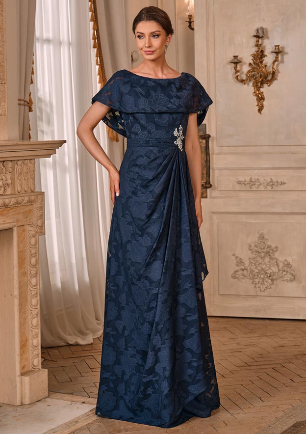 floral jacquard dress Mother of the Bride with Cape Overlay Embellished Waistband Get Your Branded MIORAH apriledition25 Opulent and romantic Color:Berry Indigo Adrianna papell