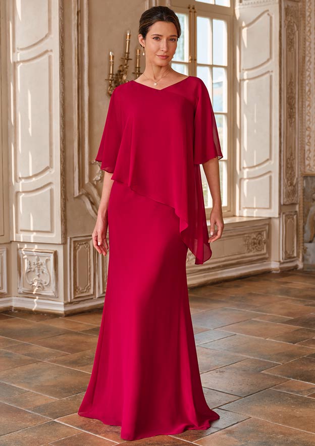 sheath column v neck floor length chiffon evening dress Stacees Sheath/Column V Neck Chiffon Floor-Length Mother of the Bride or Groom Dress with Cascading Ruffles