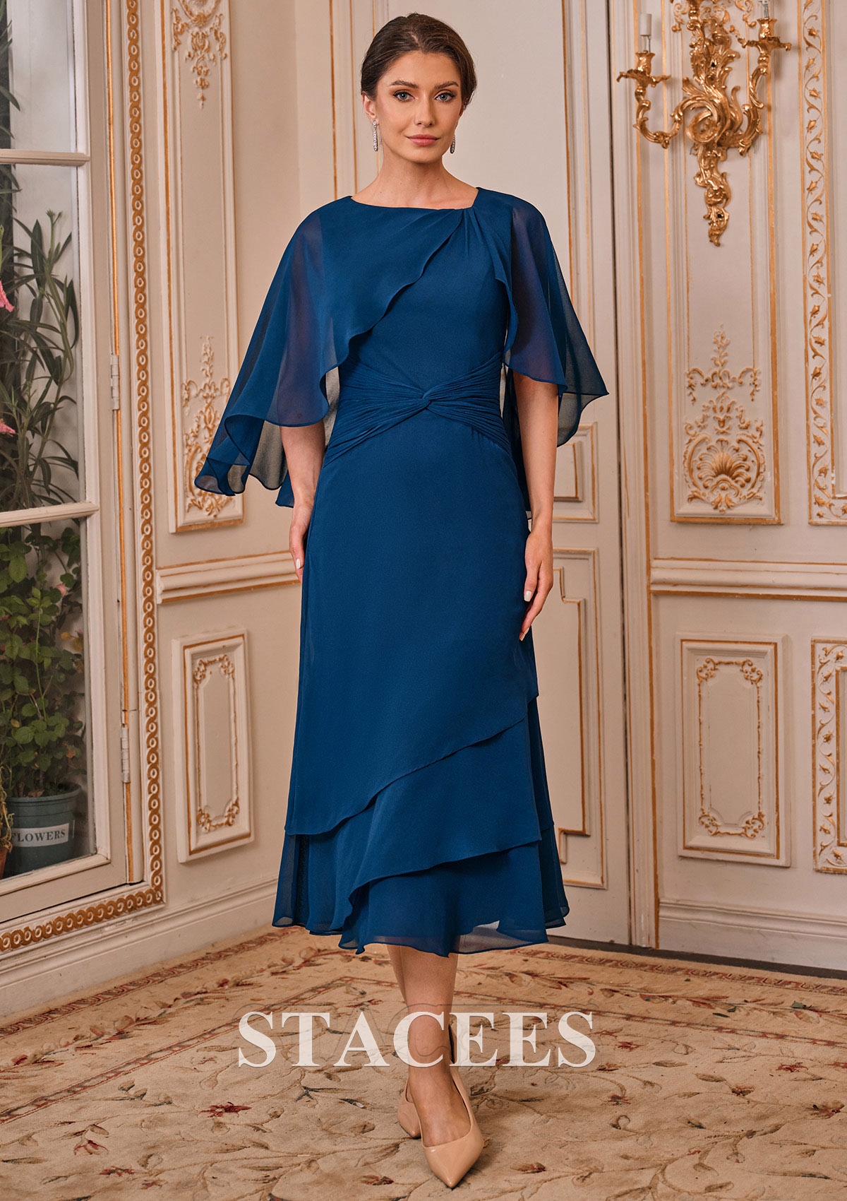 tea length chiffon dresses with sleeves A-line Bateau Cape Sleeves Tea-Length Chiffon Mother of the Bride Dress  with Pleated Ruffles S5019M - Mother of the Bride Dresses