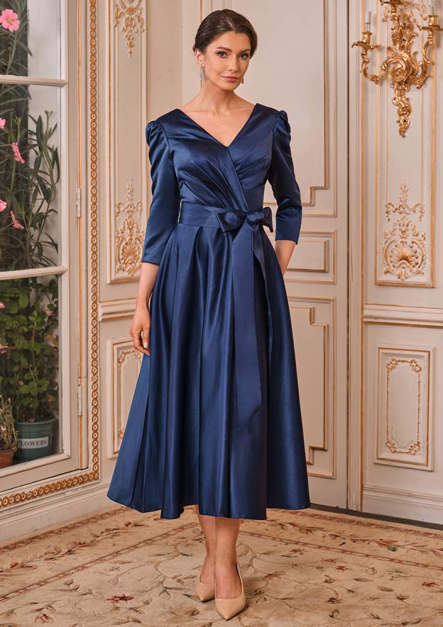 mother of the bride wrap dress A-line V Neck Satin Tea-Length with Pleated Sashes S5011M - Mother of the Bride Dresses 26W) and in custom size(for free) WEDTREND Women Elegant Burgundy Mother