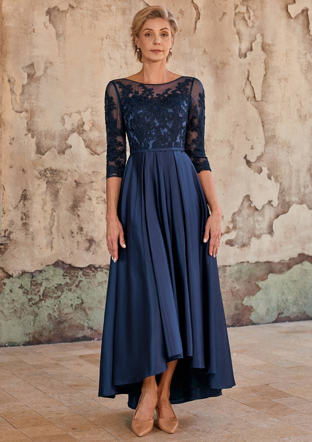 a line mob dresses Royal Queen RQ8045 Plunging V-Neck High Slit Satin Long Gown Satin Silhouette Mother of the Bride &