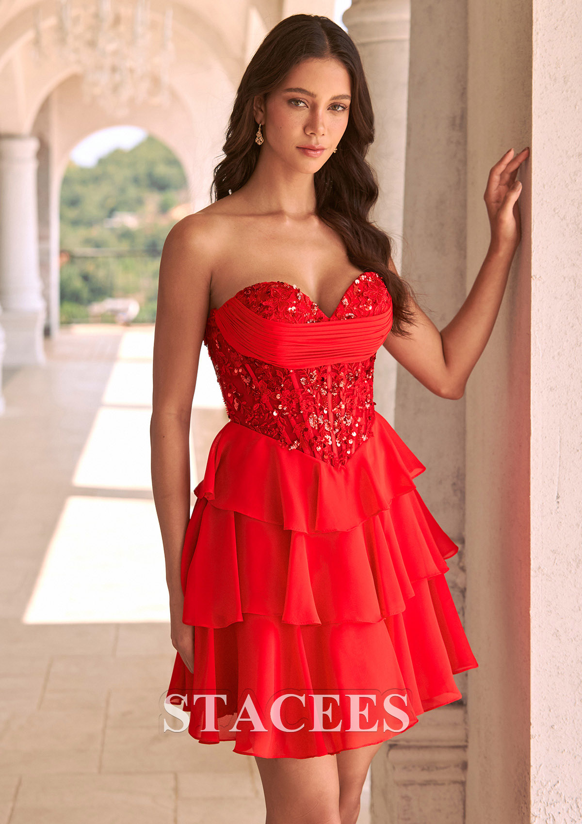 Red A-line Strapless Ruffle Chiffon Mini Homecoming Dress with Beaded Corset