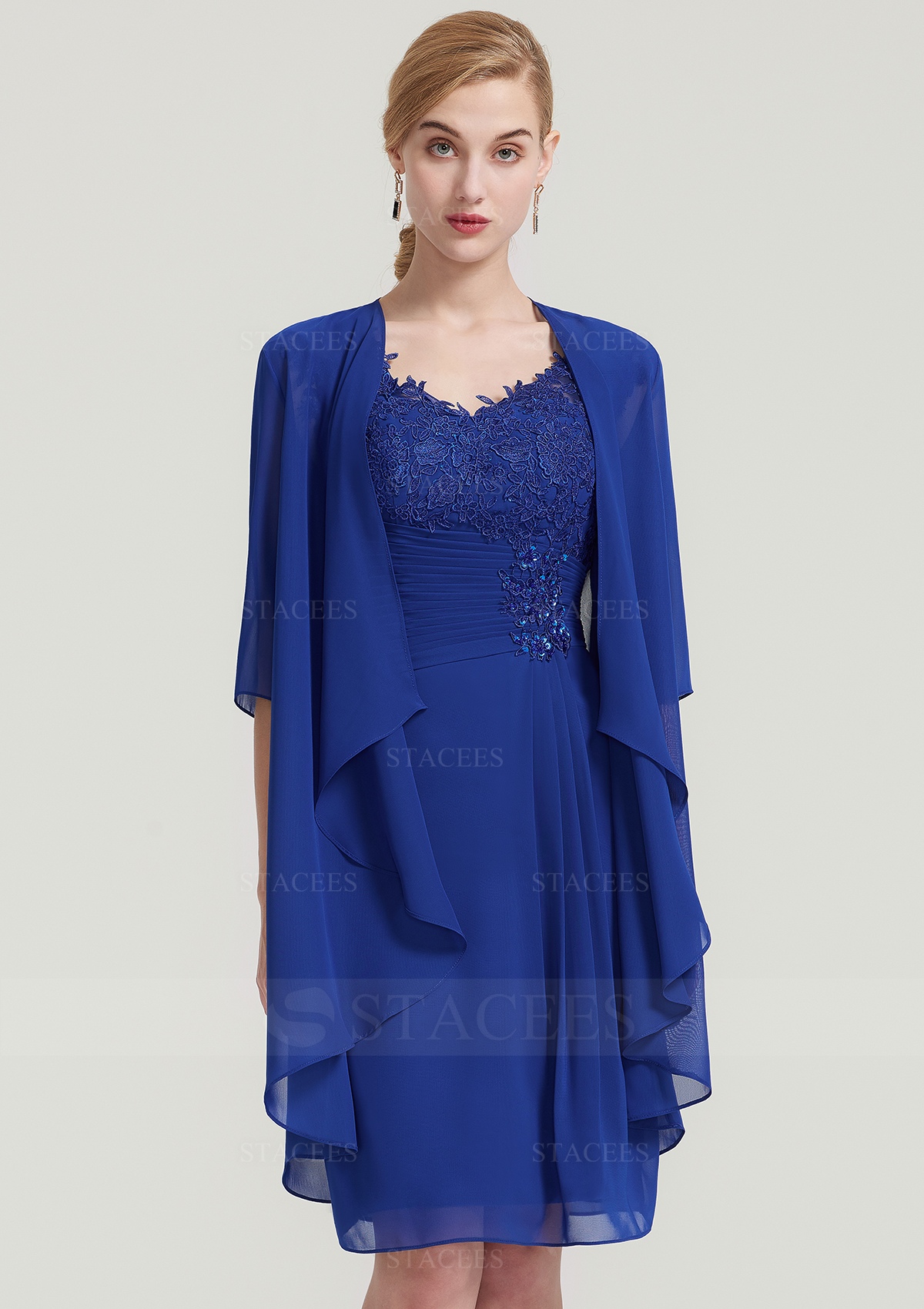 Knee Length Chiffon Mother of the Bride Dress with Lace and Half Sleeve Jacket